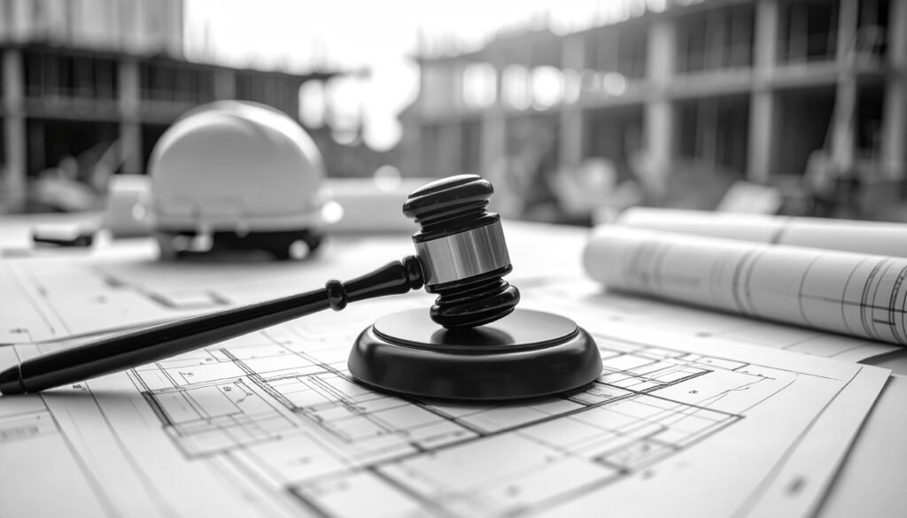 Garantie décennale dans la construction : marteau de justice sur plans de chantier.
