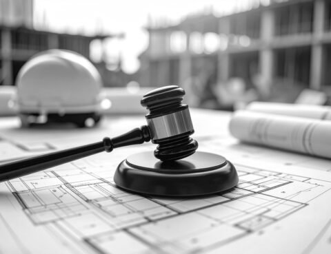 Garantie décennale dans la construction : marteau de justice sur plans de chantier.